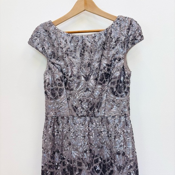 Vera Wang Sequined Boat Neck Gown Cap Sleeves Elegant Sparkle Prom Pewter 6 - Picture 6 of 12